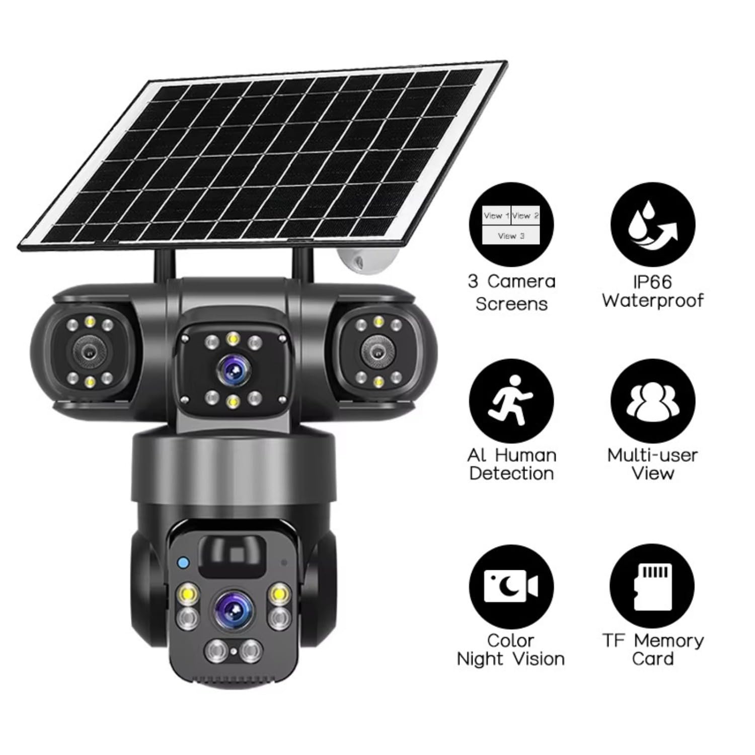 Telecamera ad energia solare, vista pan-tilt a 360°, connettività WiFi/4G, tripla lente per monitoraggio multi-schermo, telecamera IP esterna wireless (nero, connessione WiFi/Ethernet)