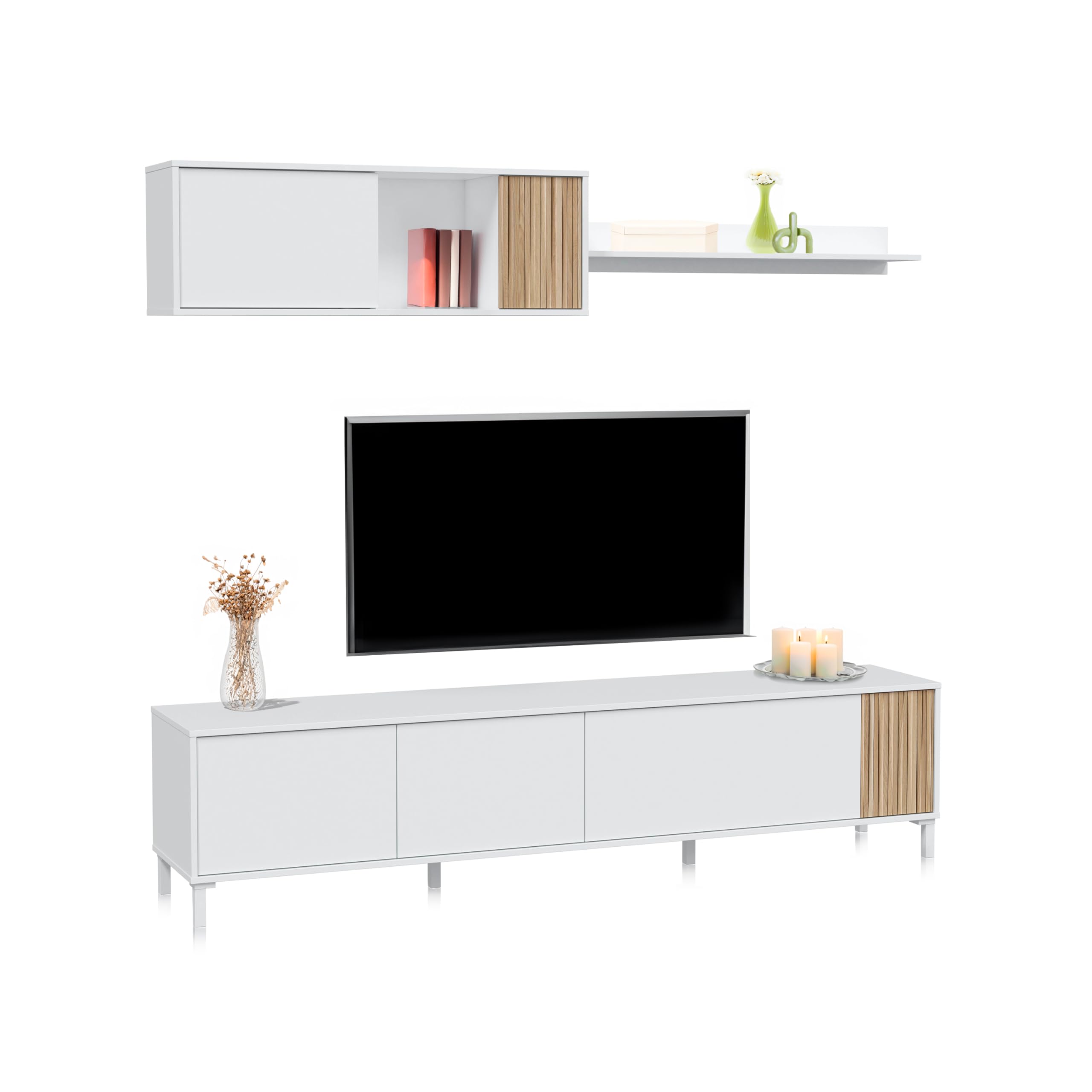 duehome | Conjunto de Salon, Mueble de TV, Modulos de Comedor, Modelo Nitza, Acabado en Blanco Artik y Natur, Medidas: 200 cm (Largo) x 40 cm (Fondo) x 47 cm (Alto)