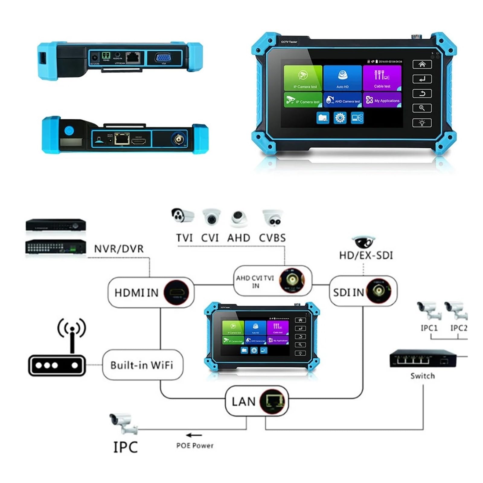 Monitor CCTV, probador Ipc Ipc 5200c Plus Tester Cctv Digital Tester for cables de red Rj45 Lan Cftv Tester for cámaras Vga Monitor Tester for cámaras IP POE (IPC-5100plus)