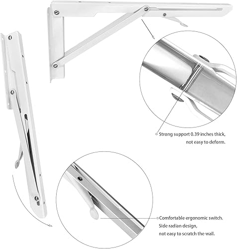 Miniatura 3 de Soportes plegables resistentes para estantes, banco de mesa triangular de metal blanco resistente, soporte de estante plegable de 12 pulgadas, 2
