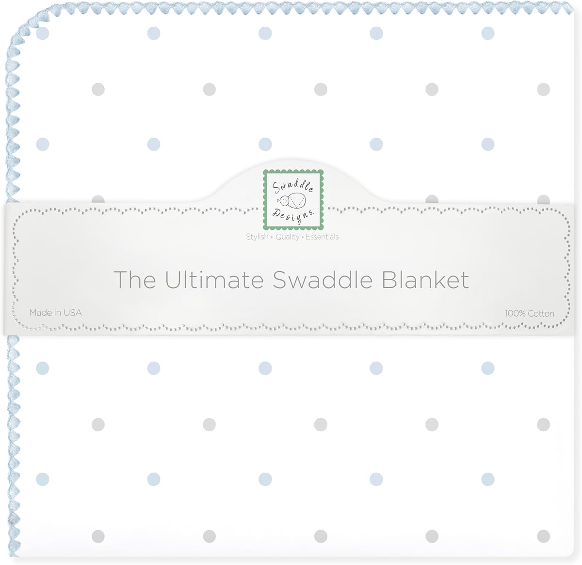 SwaddleDesigns Large Receiving Blanket, Ultimate Swaddle for Baby Boys, Girls, Softest US Cotton Flannel, Made in USA, Pastel Blue and Sterling Little Dots