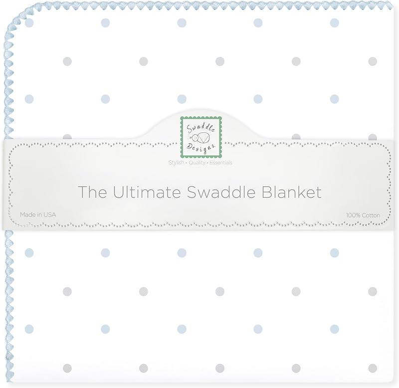 SwaddleDesigns Large Receiving Blanket, Ultimate Swaddle for Baby Boys, Girls, Softest US Cotton Flannel, Made in USA, Pastel Blue and Sterling Little Dots