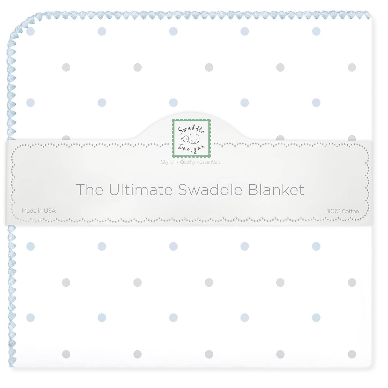 SwaddleDesigns Large Receiving Blanket, Ultimate Swaddle for Baby Boys, Girls, Softest US Cotton Flannel, Best Shower Gift, Made in USA, Pastel Blue and Sterling Little Dots (Mom's Choice Award Winner)