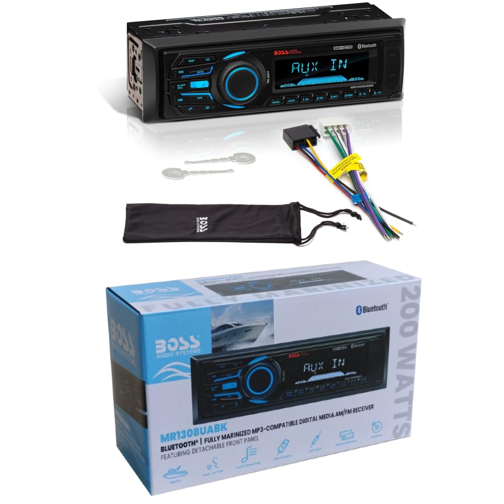 ZESTAW DO BOSS AUDIO SYSTEMS MR1308UABK, Radio single DIN, odbiornik AM/FM, stereo, AUX/USB/MP3, z Bluetooth, morskie, do łodzi i pontonów, czarne, 1 sztuka + akcesoria gratis