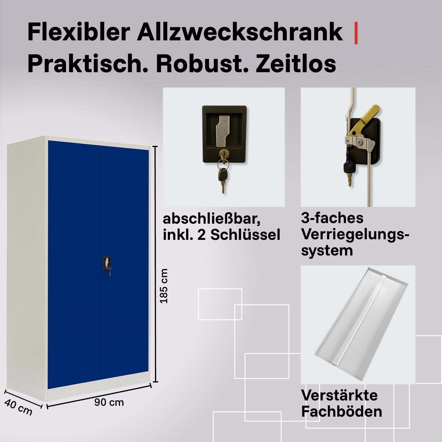 LagerZwei Mehrzweckschrank 185x90x40cm I Metallschrank, 4 Fachböden I Aktenschrank, abschließbar I Robuster Allzweckschrank als Werkstattschrank & Büroschrank I Stahlschrank blau-weiß