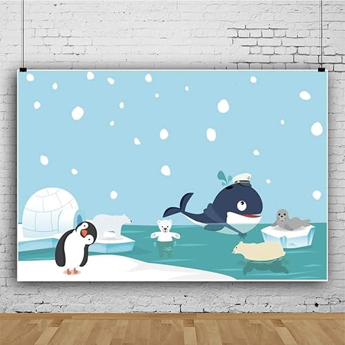 Miniatura 3 de Renaiss Fondo de pingüino de dibujos animados de invierno de 6 x 4 pies para fotografía, lindo animal, oso, cueva de hielo, copo de nieve, fondo de