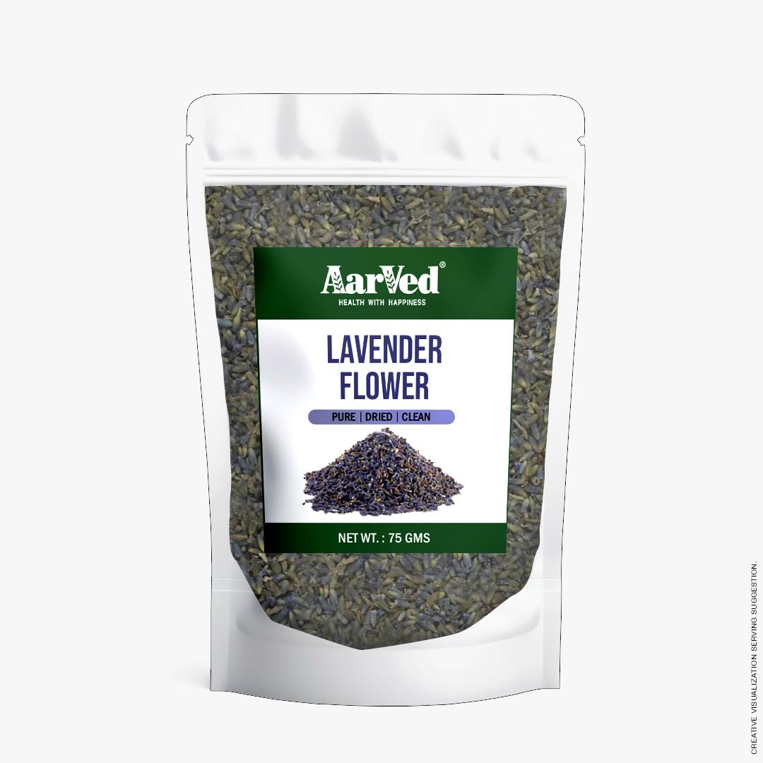 Aarved Natural Edible Dried Lavender Buds (75gms) Sun Dried Lavender Flowers Herbal Tea, Non-GMO, Caffeine Free, Natural, Promotes Relaxation And Sleep (Pack of 1)