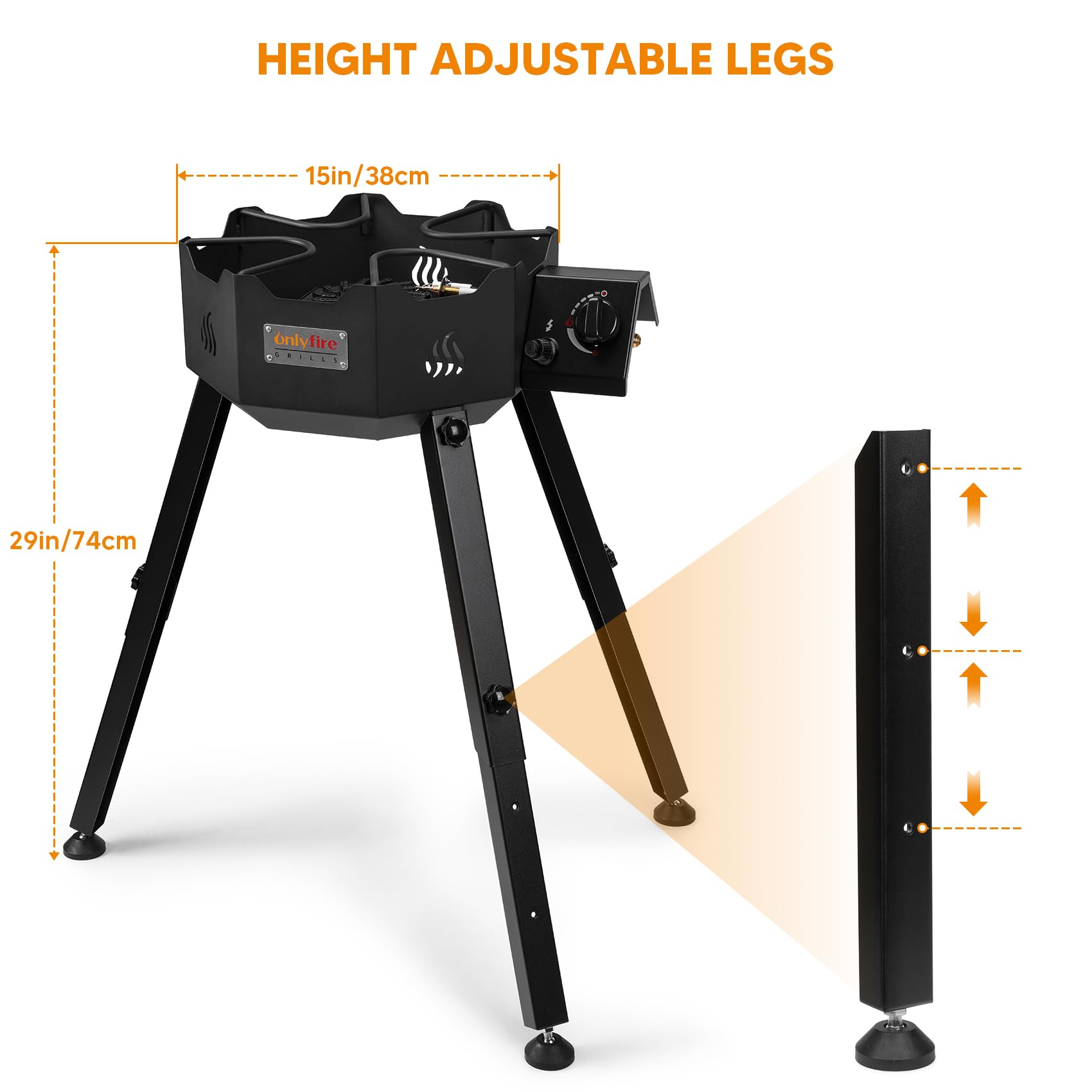 ONLYFIRE Portable Gas Burner with Adjustable Removable Legs, Propane Camping Stove for Backyard RV Tailgating Outdoor Cooking, works for Wok, Skillet, Frying Pan, Pot, 4FT Hose, 65000BTU, GS301