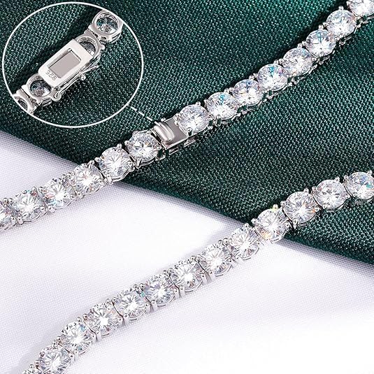 18CT Round-Cut Diamond Tennis Necklace, 4MM, 14K White Gold Plated Sterling Silver, Unisex Fine Jewelry4