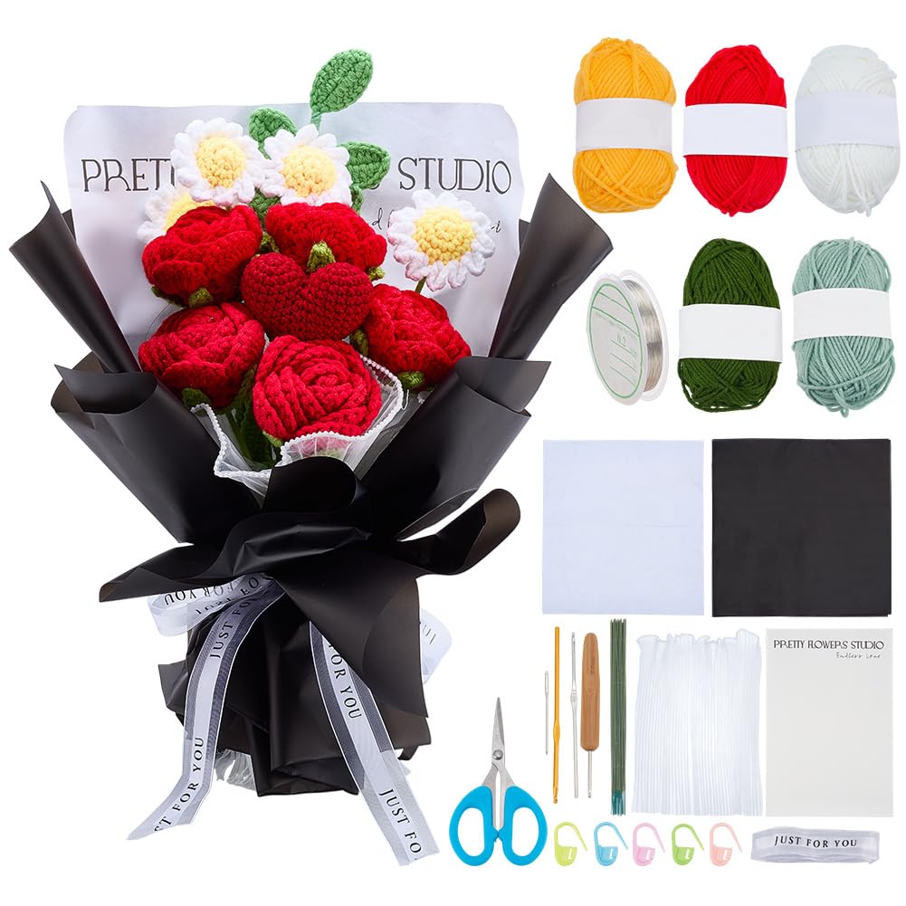 Kit de fleurs au crochet pour débutants avec 15 bouquets de roses et tournesols