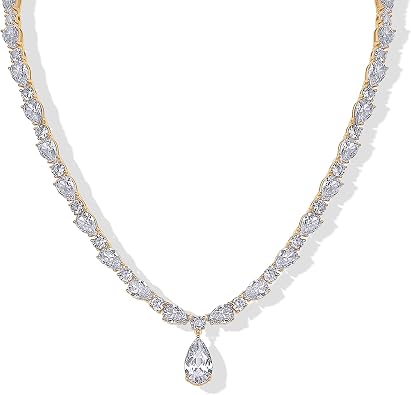 PAVOI 14K Gold Plated Pear Tennis Necklaces for Women, CZ Pendant Necklace