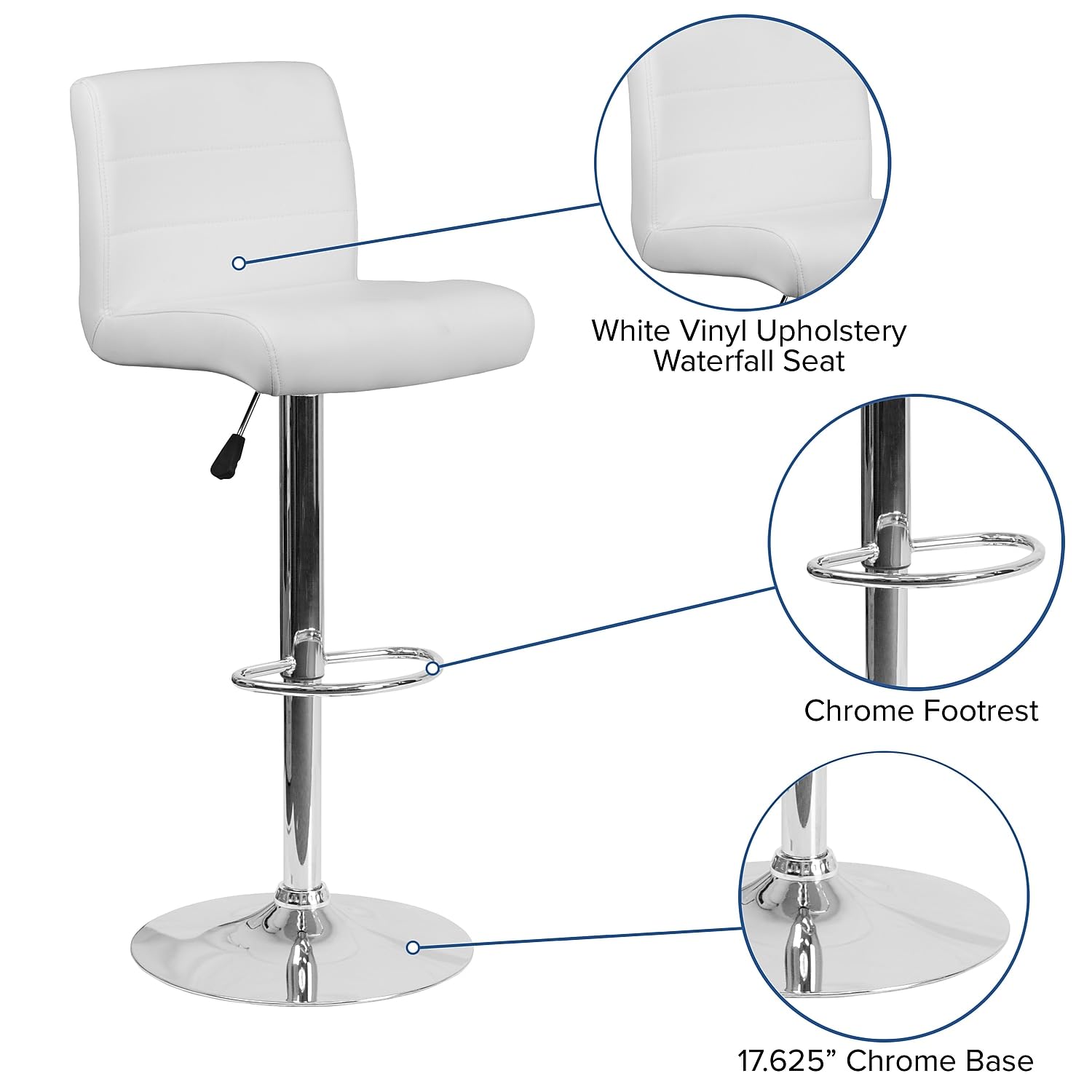 Flash Furniture Marietta - Set di 2 sgabelli da Bar in Vinile, Altezza Regolabile, con Seduta arrotolata e Base cromata, Colore: Bianco