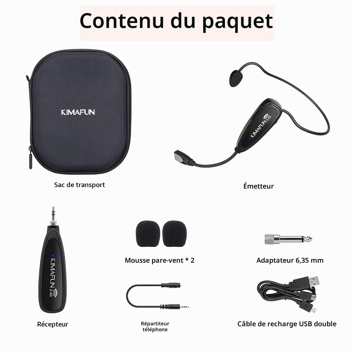 KIMAFUN Microphone Fitness Serre-tête sans Fil 2.4G, Micro sans Fil Imperméable et Anti-Sueur pour Instructeur de Fitness, Yoga, Pilates, Spinning, PA, Haut-Parleur, G100-1