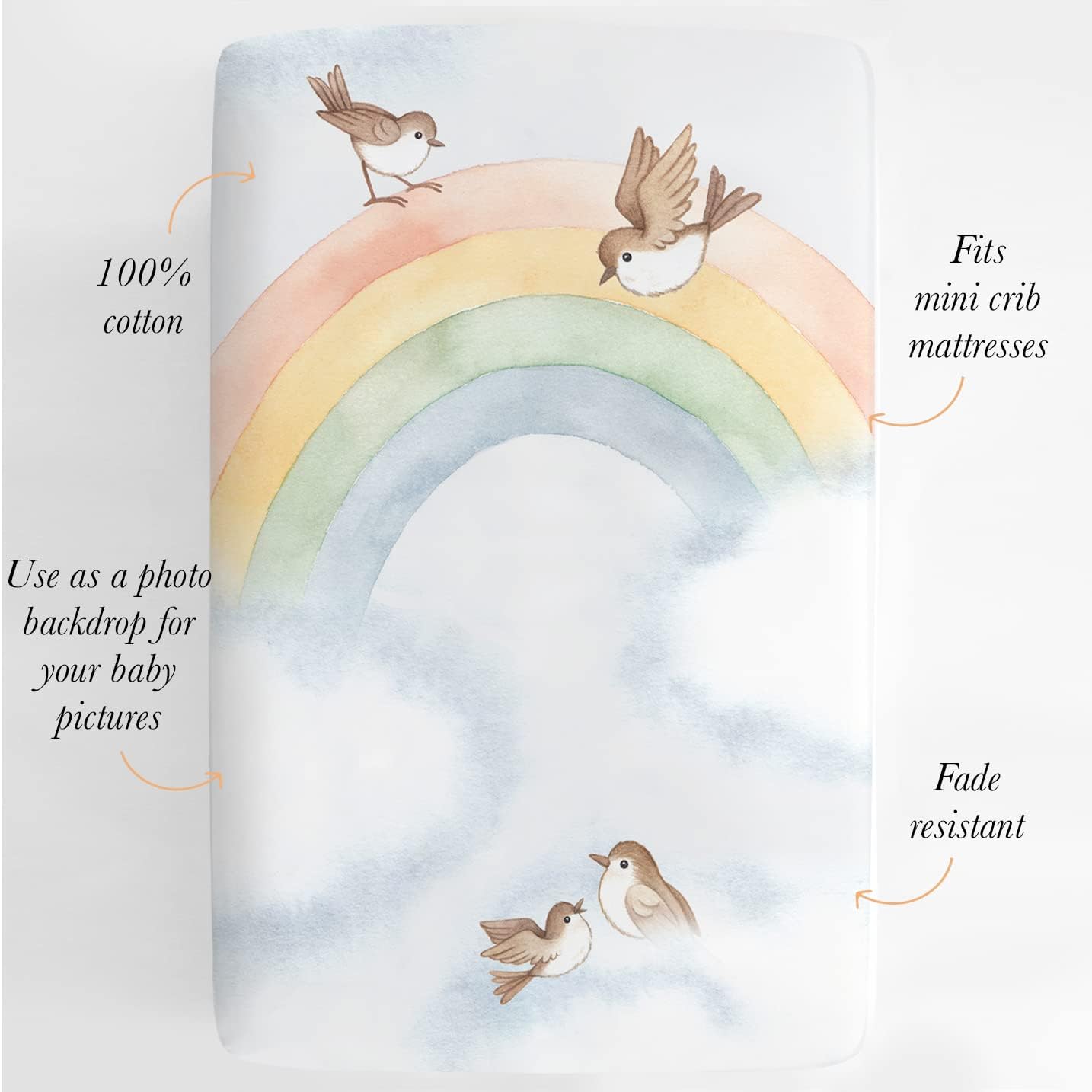 Mini Crib Sheet, Pack n Play or Playard Crib Sheet by Rookie Humans: 100% Cotton Sateen. Use as a Photo Background for Your Baby Pictures. Fits Mini Crib Size (38x24 inches) (Rainbow & Birds).