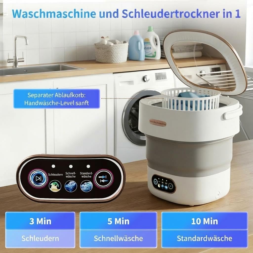 Faltbare Mini Waschmaschine Mit Schleuderfunktion 13L Kompakte Camping Waschmaschine 3 Programme Tragbar Weiß