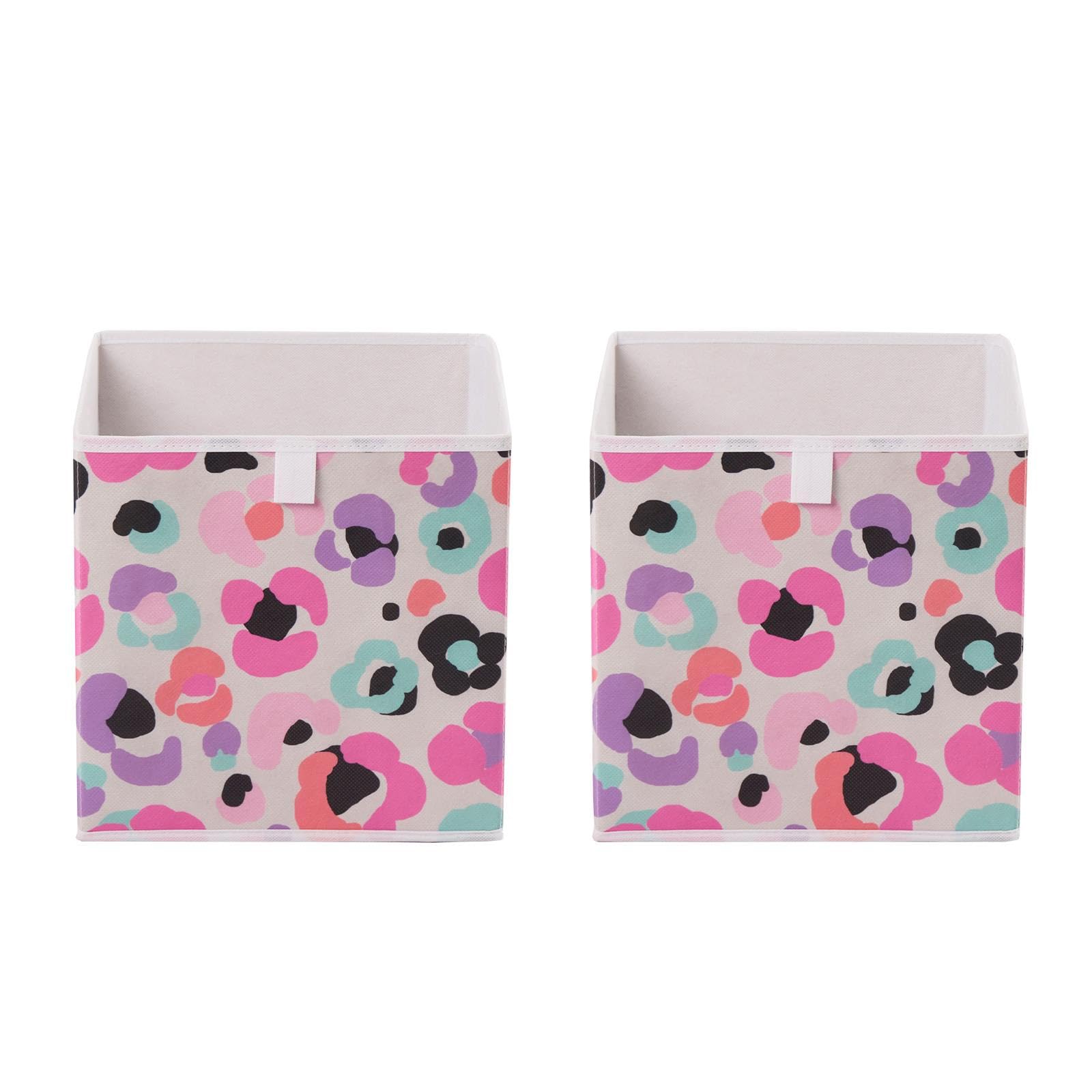 OHS Set of 2 Cube Storage Boxes Leopard Print, Foldable Fabric Storage Baskets Home Organiser Toys Clothing Bathroom Pop Up Collapsible Space Saving Cube Storage, Multi โ image 1