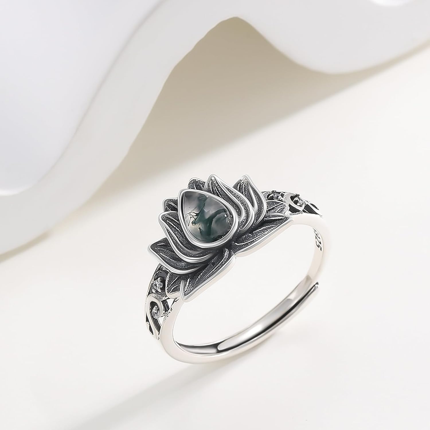 Lotus Moss Agate Ring 925 Sterling Silver Lotus Ring Promise Wedding Rings for Women Lotus Jewelry Gifts for Women Birthday Mother's Day