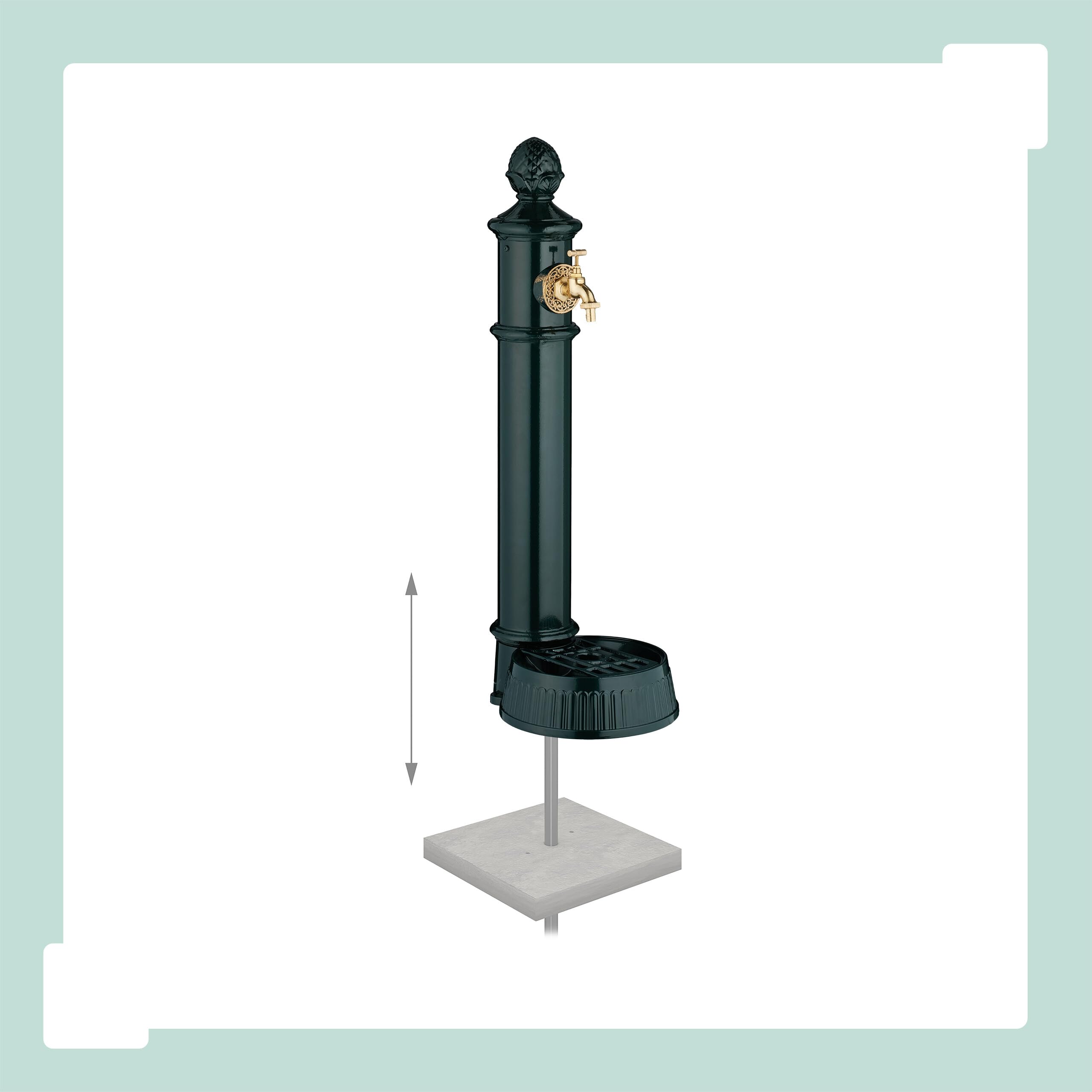 Relaxdays Fuente de Pie Antigua, con Grifo y Lavabo, 83x26x31,5 cm, Bebedero de Jardín, Terraza, Aluminio Fundido, Verde