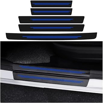 5 PCS Car Door Sill Protector for Ford Ranger 2019-2023 2024 2025, Carbon Fiber Wrap Scratch Protection Threshold Rear Bumper Guard StickersBlue