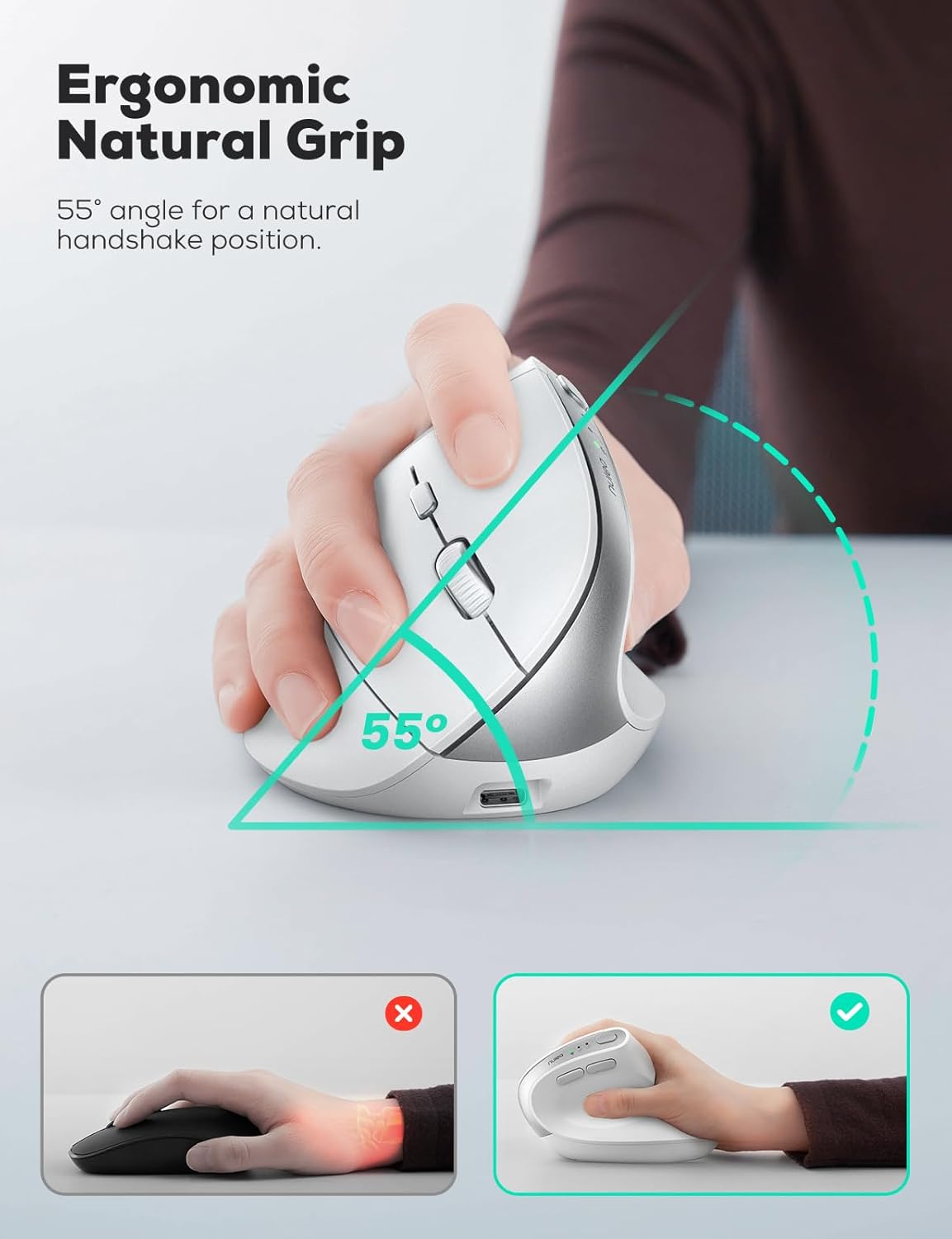 Nulea MD280 Ergonomic Vertical Wireless Mouse - Bluetooth & 2.4G Dual Mode, 4 Adjustable DPI 800/1200/1600/2400, Rechargeable, Silent Clicks, No Lag, 6 Buttons - Perfect for Laptop, Desktop White