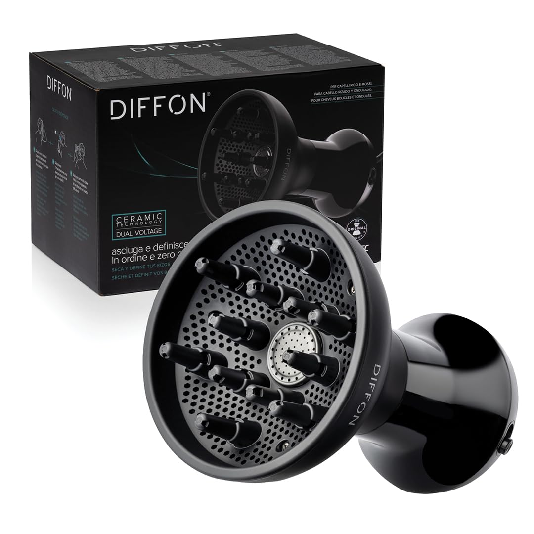 Imetec Diffon, Difusor Secador de Aire Caliente para Cabello Rizado de Hombre, Rizos Definidos Sin Encrespamiento, Tecnología Cerámica, 2 Niveles de Aire/Temperatura, Doble Tensión, 700 W, Negro
