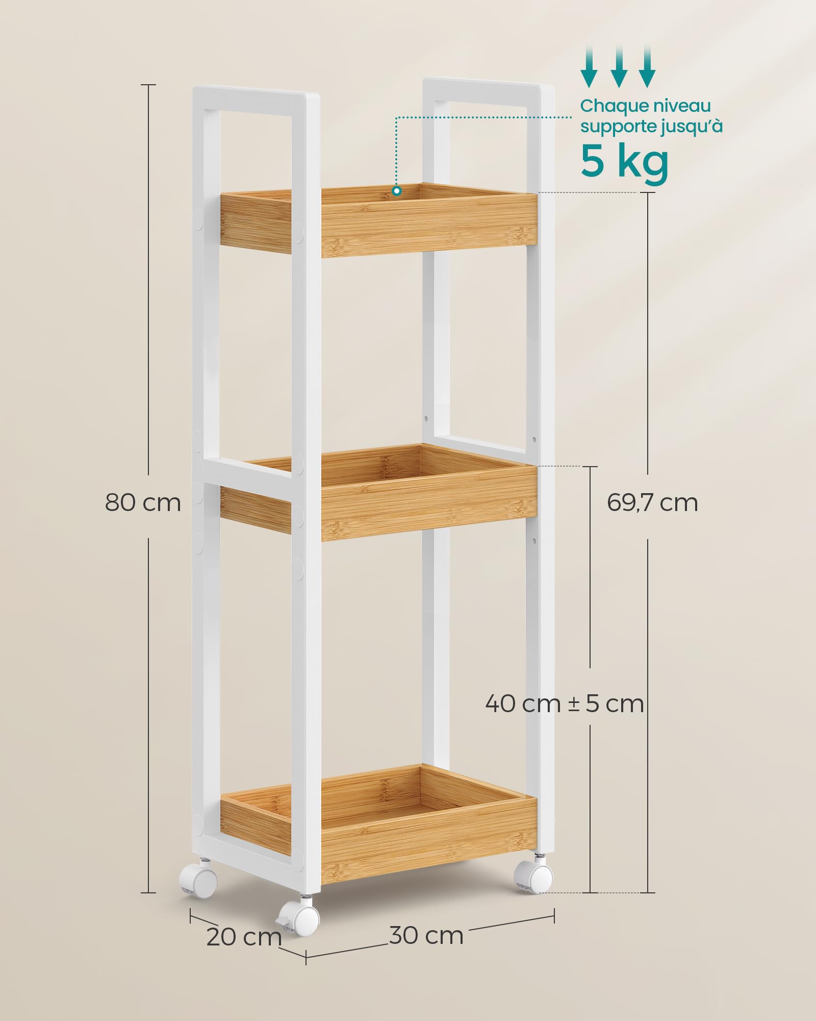 SONGMICS Chariot de Salle de Bain, Étagère Mince de Salle de Bains, Chariot de Rangement à 3 Niveaux sur roulettes, Bambou, Gain de Place, 20 x 30 x 80 cm, Blanc et Couleur Boisée BCB083N02