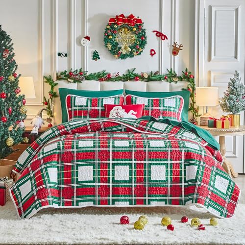 Flysheep Christmas Quilt Set 3 Pieces Queen, Red Green White