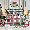 Flysheep christmas quilt set 3 pieces queen red green white plaid reversible design bedspread coverlet set soft microfiber lightweight bed cover for all season 90 x 90 1 quilt 2 pillow shams  urban country home decor