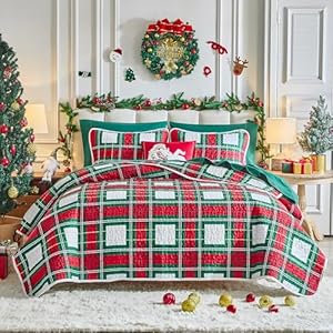 Flysheep Christmas Quilt Set 3 Pieces Queen, Red Green White Plaid Reversible Design Bedspread Coverlet Set, Soft Microfiber Lightweight Bed Cover for All Season (90" x 90", 1 Quilt+ 2 Pillow Shams) Flysheep Christmas Quilt Set 3 Pieces Queen Red Green White Plaid Reversible Design Bedspread Coverlet Set Soft Microfiber Lightweight Bed Cover for All Season 90 x 90 1 Quilt 2 Pillow Shams