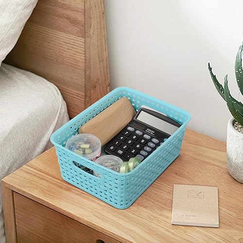 Miniatura 6 de Mixed Color Rectangle Storage Baskets, Plastic Weave Shelf Baskets, 6 Packs Light Blue Light Green Pink Deep Grey White Transparent Grey