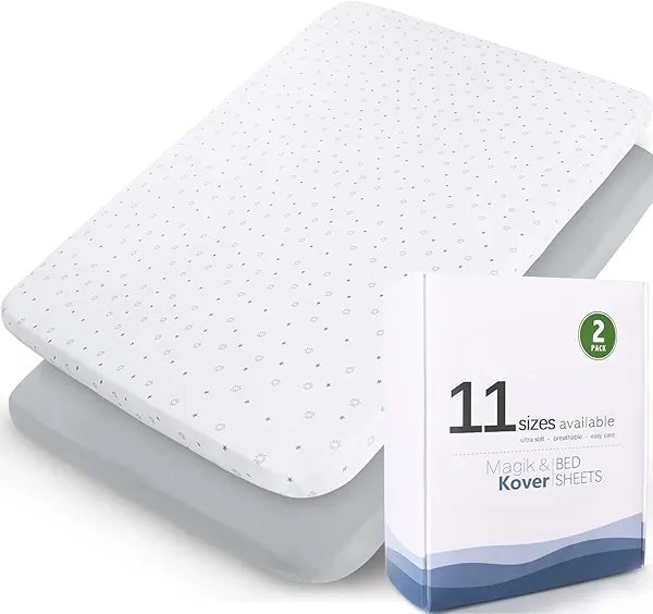 Pack and Play Sheets Fitted- Fit for Pamo Babe, Baby Trend, Graco, ADOVEL, Dream On Me and Other 25" x 36" Playard Mattress Cover, Ultra Soft & Stretchy Playpen Sheets, Grey & White Star, 2 Pack