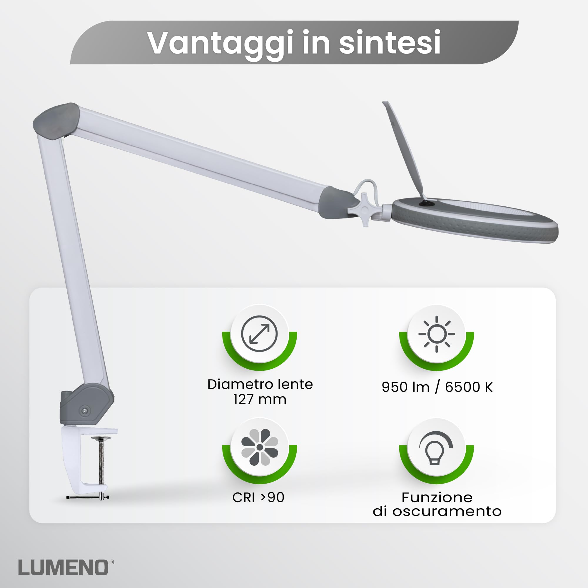 Lumeno 8215GR Lampada d'ingrandimento a LED Lampada da lavoro e estetista, livelli di luminosità regolabili, lente in vetro cristallino da 127 mm, ausilio alla lettura/ingranditore, 5 diottrie