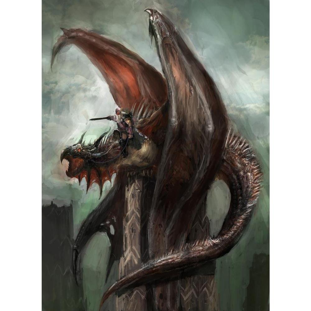Pitaara Box Dragon Rider Ready For Attack D1 | Unframed Canvas Painting for Bedroom & Living Room | 20 x 27.3 inch (51 x 69 cms)