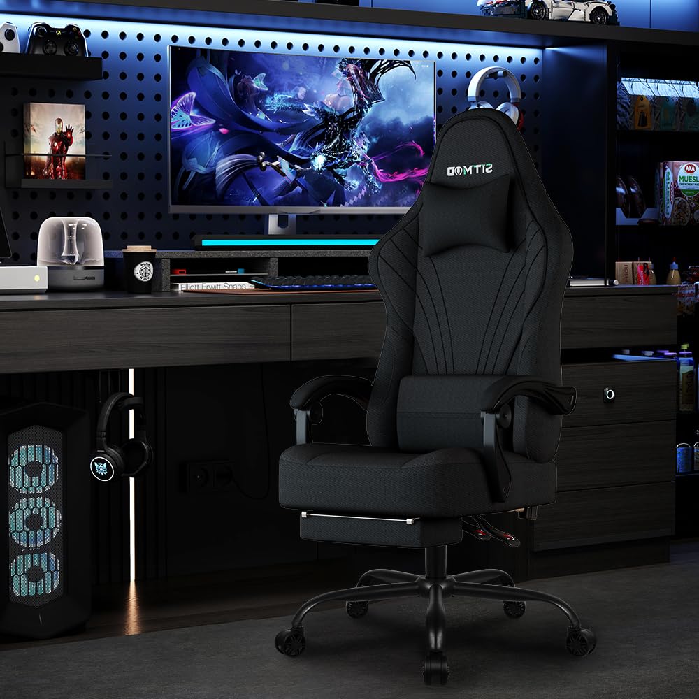 Sedie Gaming, Poltrona Altezza Regolabile con poggiatesta, Sedia da Ufficio Ergonomica, e supporto lombare sedia per PC, girevole a 360 gradi Sedia da gioco in tessuto, per ufficio e casa, Nero
