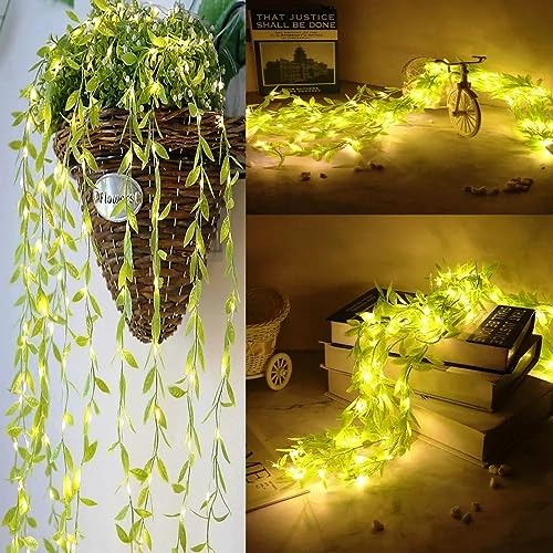 Image of URM Artificial Leaf Curtain LED String Light, 200 LEDs, 8 Modes, Adjustable Brightness, Perfect for Bedroom, Garden, Birthday & Festive Decor (10x3Feet, Green Color) Corded Electric