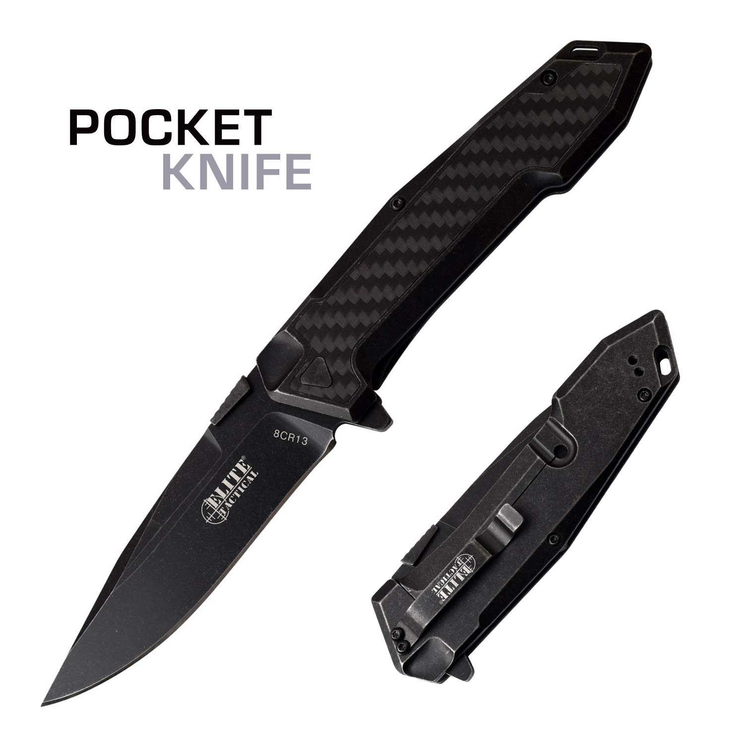 Folding Knife - Black Stonewashed Finish Blade with Stainless Steel and Carbon Fiber Handle and Reversible Pocket Clip - Frame Lock Flipper Tactical Military Combat Knife