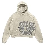 OATSBAS Men's Y2K Letter Print Hoodie Acid Wash Oversize Vintage Hoodies Hip-Hop Baggy Gothic Pullover Sweatshirt (Beige,Large)