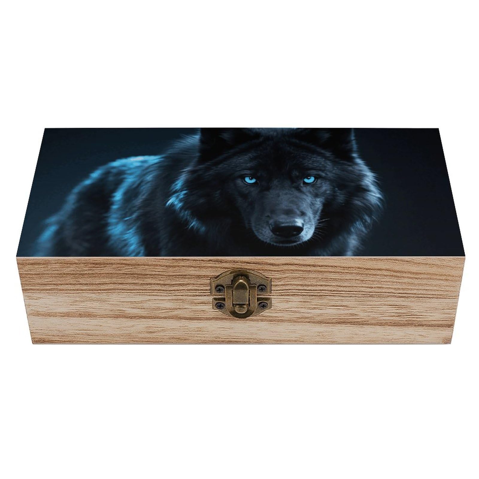 FodPand Decorative Keepsake Box Wooden Storage Boxes with Hinged Lid Handmade Cool Cyan Black Wolf Wood Organizer Memory Treasure Box for Jewelry Craft Card Photo Storage Wedding Bridal Shower Gifts