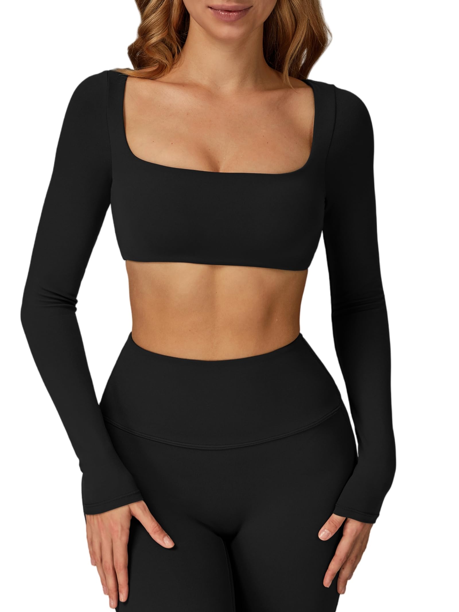 ABOCIW Women Square Neck Long Sleeve Workout Crop Top Low Medium Impact Athletic Yoga Gym Shirts with Built in Bra(ONLY TOP)