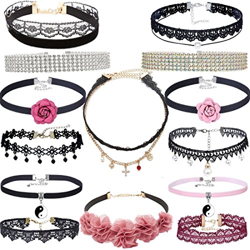 Tpocean 14 Pcs Gothic Crystal Rhinestone Boho Style Velvet Tattoo Lace Choker Necklace Set for Women Girls Teens