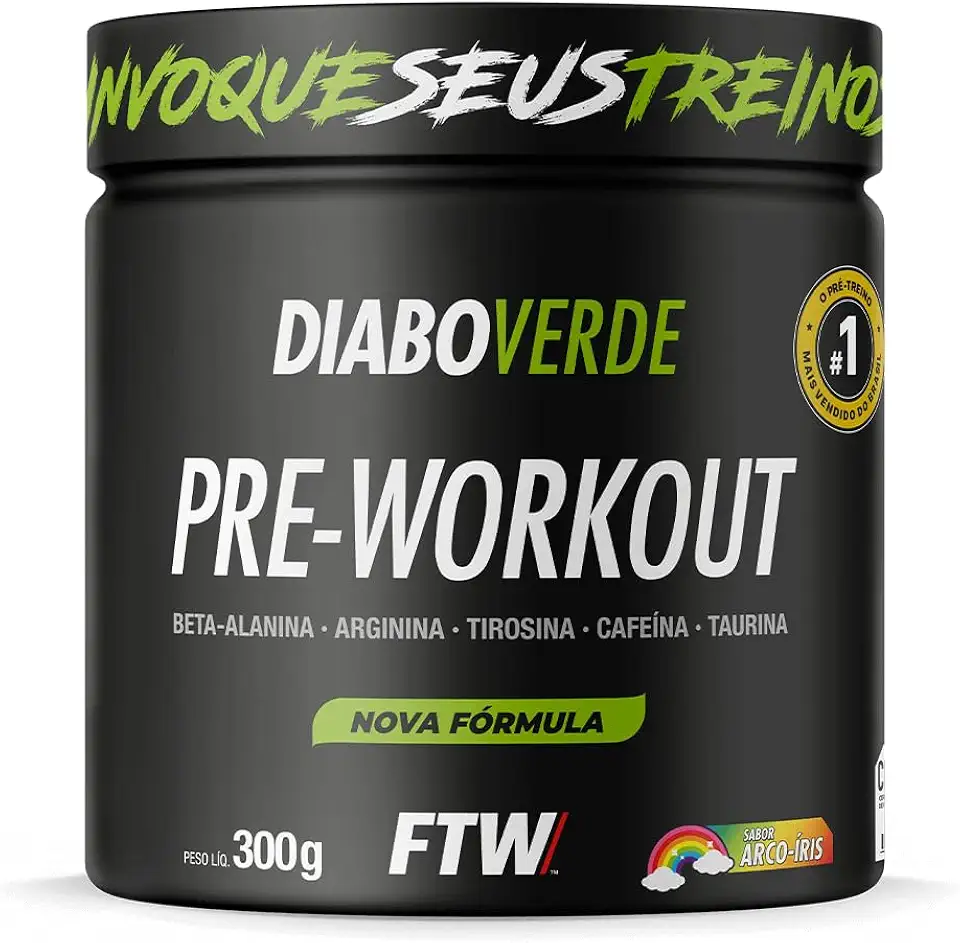 FTW Pré-Treino Diabo Verde em Pó com Cafeína, Aminoácidos Beta‑Alanina e Arginina para Treinos e Atividades Físicas - Pote 300 g (Sabor: Arco Iris)