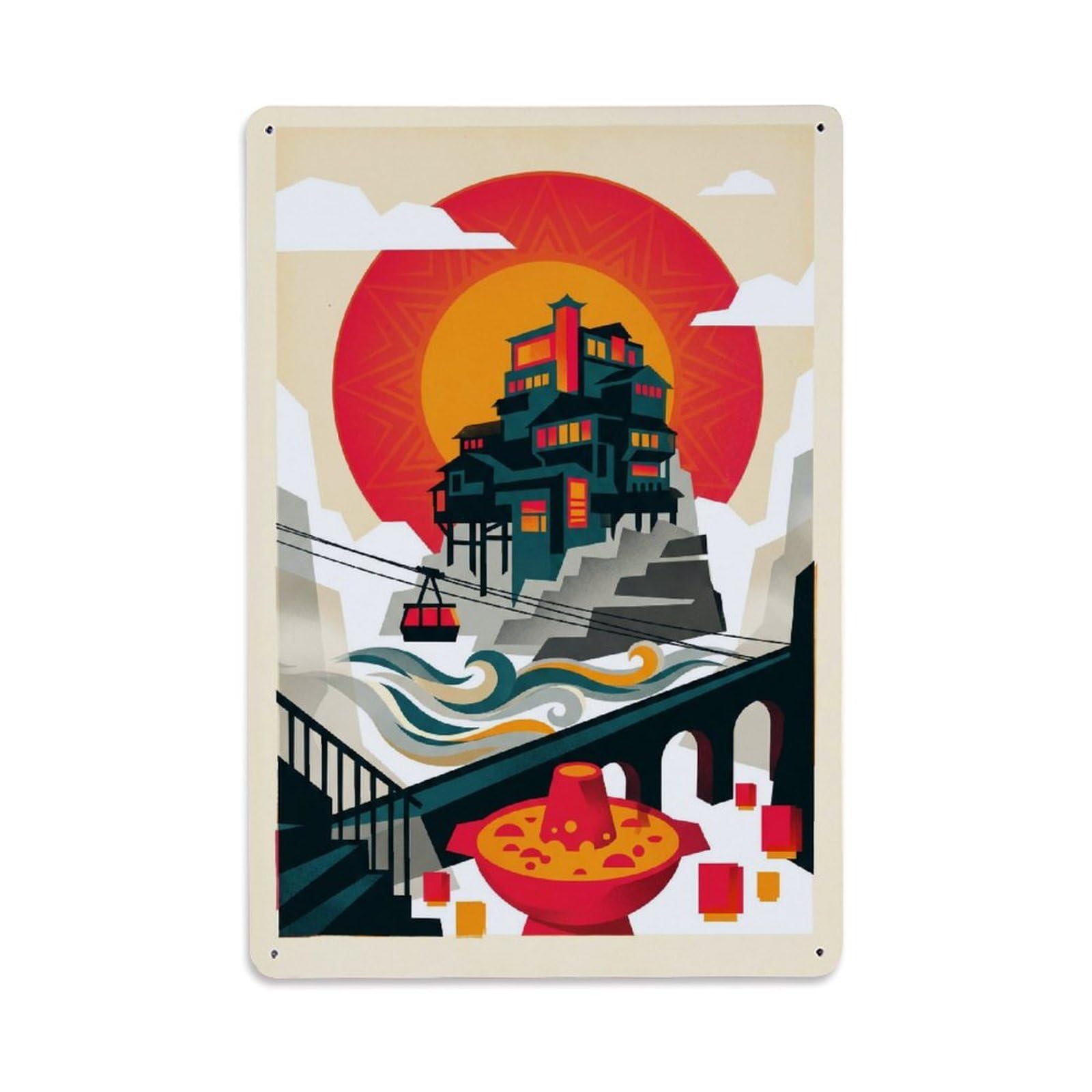 Okngb Style China Chongqing Geometric Travel Retro Sun Cityscape Metal Tin Sign Plaque Wall Decor For Cafe, Man Cave, Club Bar, Office, Home Garden Round Metal Poster 8X12inch
