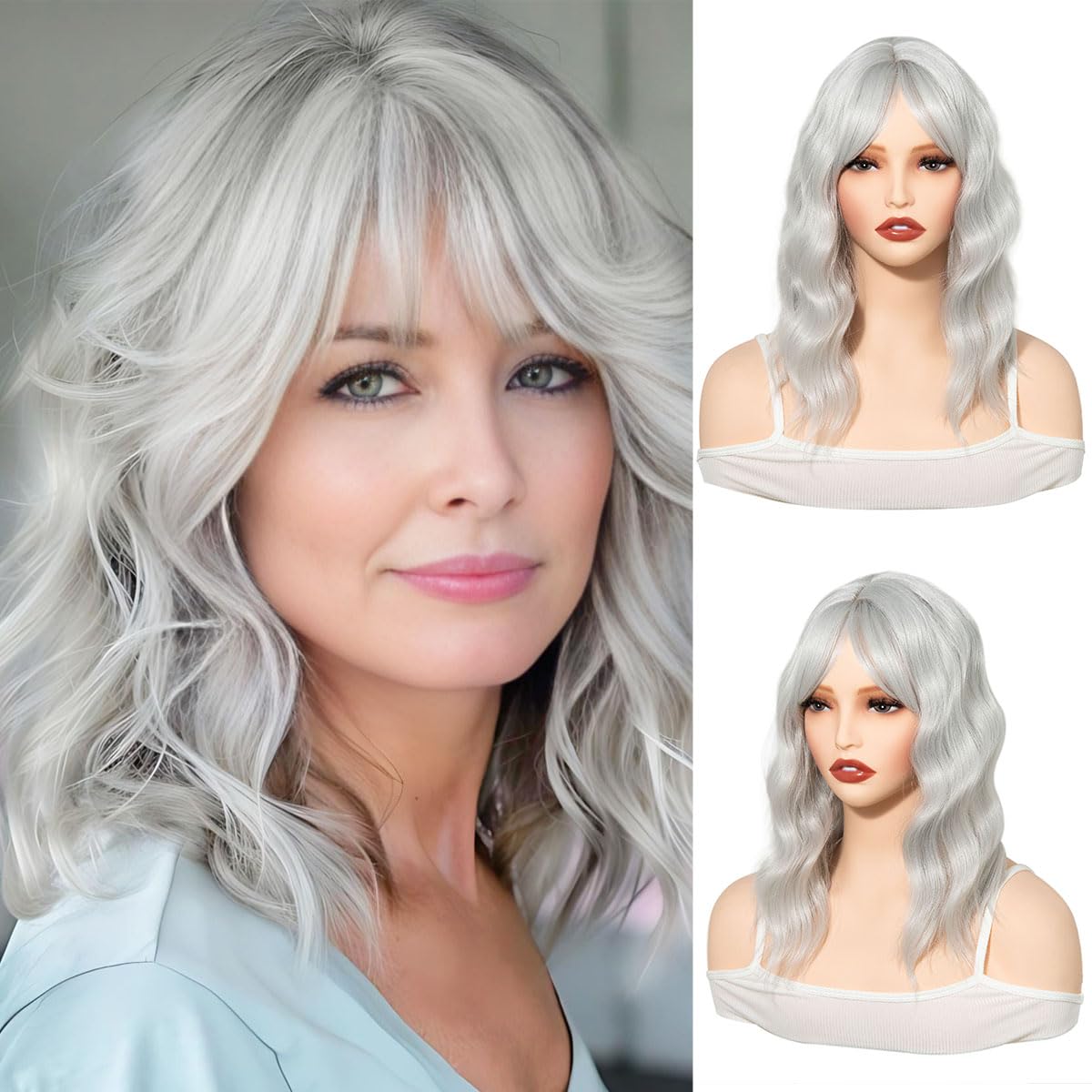 Yamel Hair Topper with Bangs Natural Synthetic 14 Inch Silver Wave Wiglets Hairpieces for Women