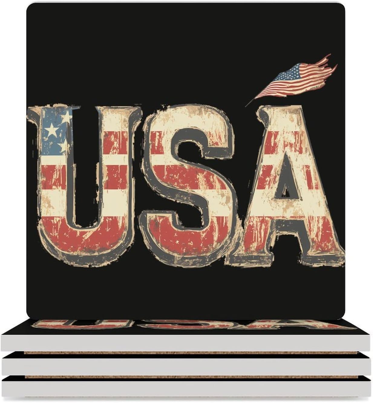 Vintage USA Flag Ceramic Coasters Set Square Drink Coasters Table Coaster for Kitchen Desktop Decor
