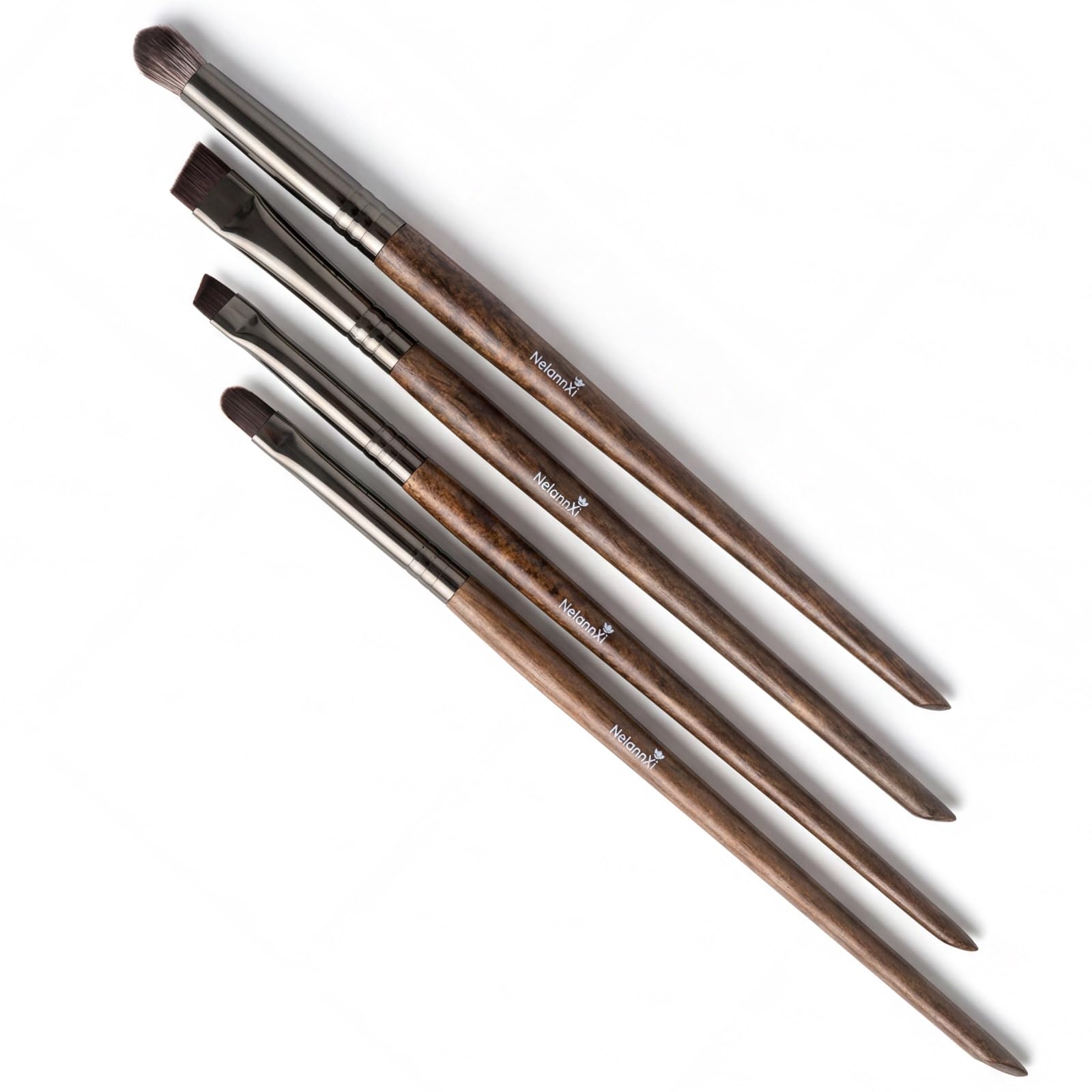 Set di 4 pennelli professionali da trucco, setole in fibra sintetica vegana, pennelli angolati per sopracciglia, eyeliner, labbra e correttore, con manici in legno di faggio