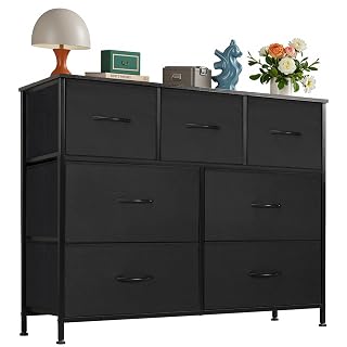 OLIXIS 7 Drawers Dresser for Bedroom, Fabric Storage Tower for Living Room, Entryway - Sturdy Steel Frame, Wooden Top & Easy Pull Fabric Bins, Closet Chests Organizer for Clothes, Black - Amazon product rated Grade A