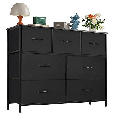 OLIXIS 7 Drawers Dresser for Bedroom, Fabric Storage Tower for Living Room, Entryway - Sturdy Steel Frame, Wooden Top & Easy Pull Fabric Bins, Closet Chests Organizer for Clothes, Black