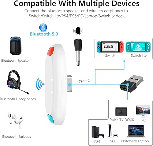 Miniatura 2 de Adaptador Bluetooth para Nintendo SwitchLite, BT 5.0 transmisor de audio inalámbrico con convertidor USB C a A de baja latencia para auriculares