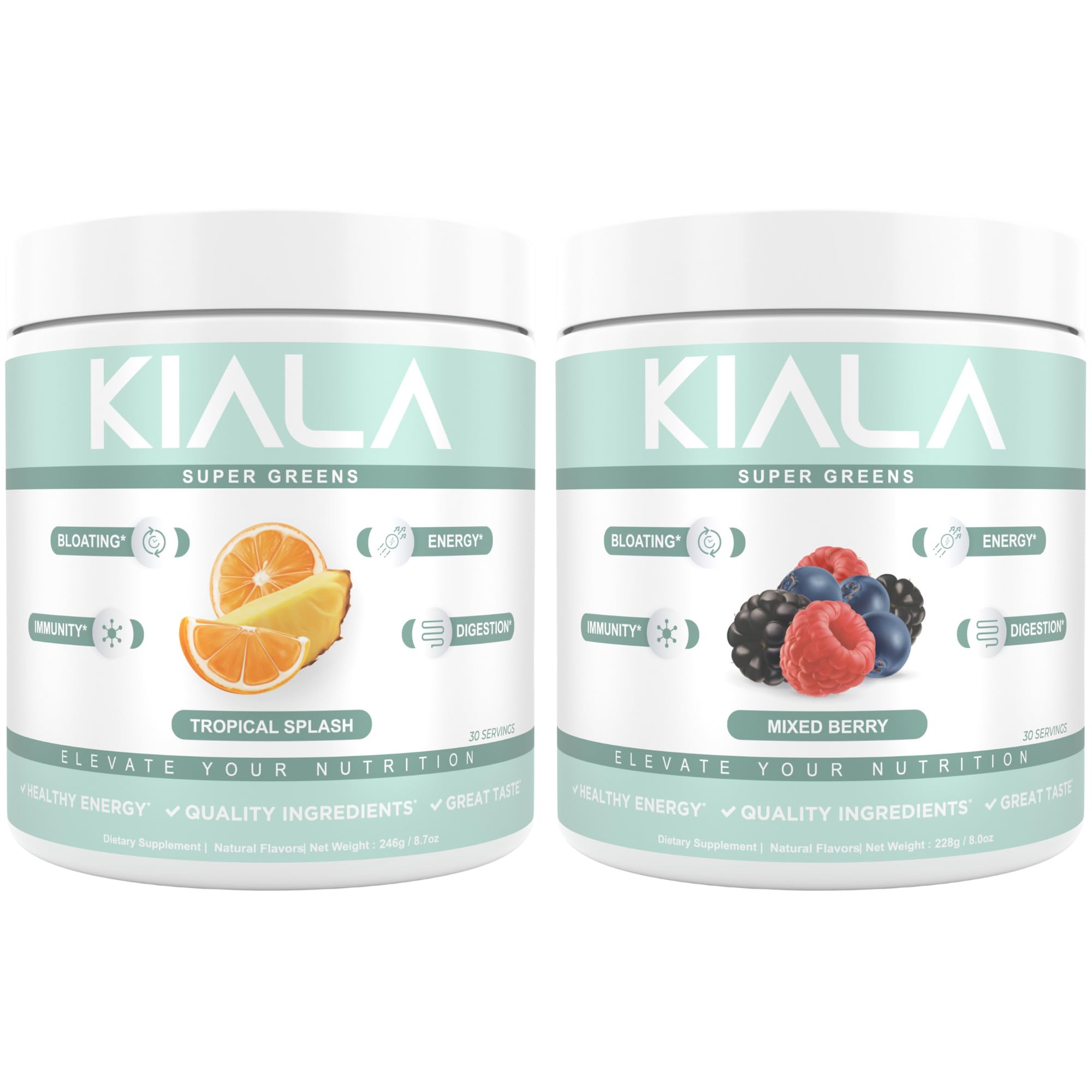 Kiala Nutrition Super Greens, Organic Greens Powder with Spirulina & Chlorella for Digestion, Gut Health, Immunity & Energy, Gluten Free, Vegan, Tropical Splash + Mixed Berry, 30 Servings Each