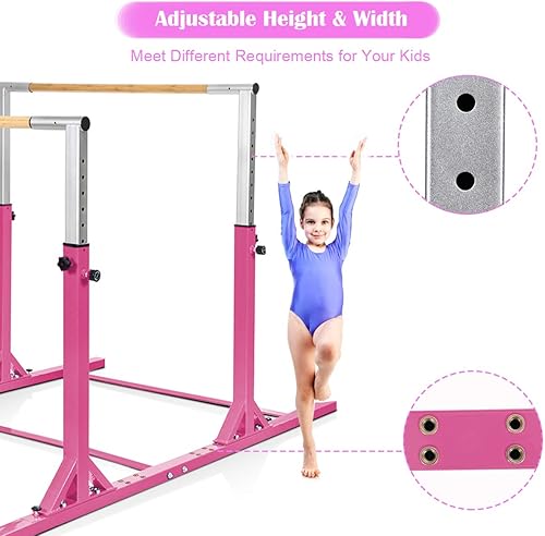 Miniatura 3 de Costzon Barras horizontales dobles, barras paralelas de entrenamiento de gimnasia junior con altura ajustable de 11 niveles de 38-55 pulgadas, Rosa